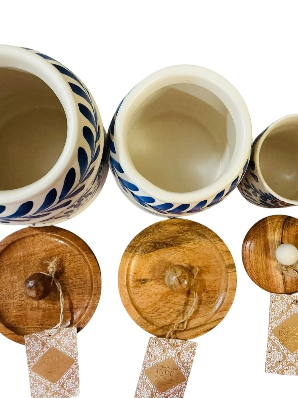 Blue Floral Ceramic Canister set with Wood Lid - White and Blue
